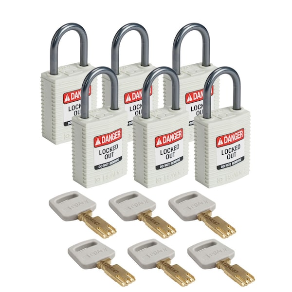 Padlock, Keyed Different, White, 6 PK